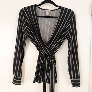 H&M Pinstripe Wrap-style Blouse in Black white and beige Size Small